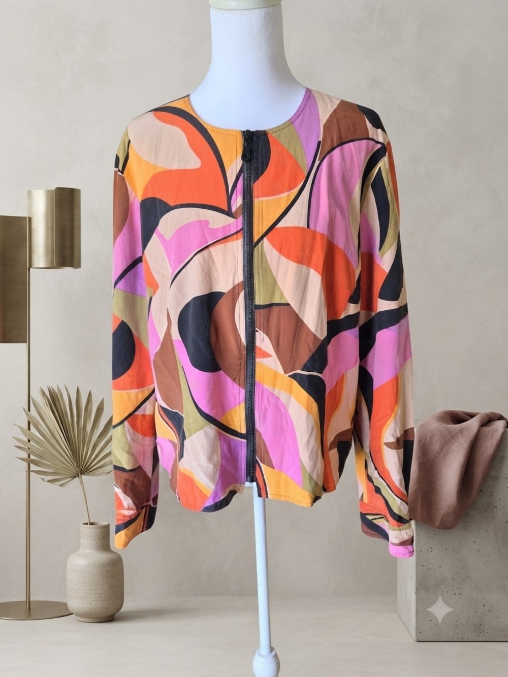 Vintage 100% Silk Maggy London Abstract Full Zip Jacket L/12 Artsy Bomber Jacket